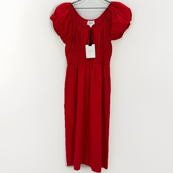 Pomander Place by Tuckernuck Red Puff Sleeve Cotton Midi Dress Scoop Neck size L - Picture 1 of 9
